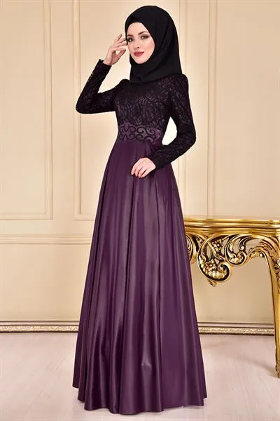 Lace Detail Evening Dress Plum Asm2133 — Export Series 24 — Women's Fashion, Evening Gowns, Modest Wear & Hajj Clothing | COIDET & ATC
