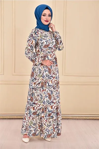 Patterned Drawstring Waist Dress White Ant1274 — Export Series 34 — Women's Fashion, Evening Gowns, Modest Wear & Hajj Clothing | COIDET & ATC