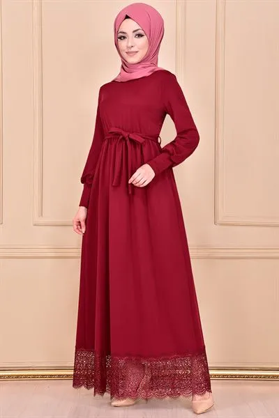 Etegi Lace with Belt Sash Dress Burgundy Mns311 — Export Series 80 — Women's Fashion, Evening Gowns, Modest Wear & Hajj Clothing | COIDET & ATC