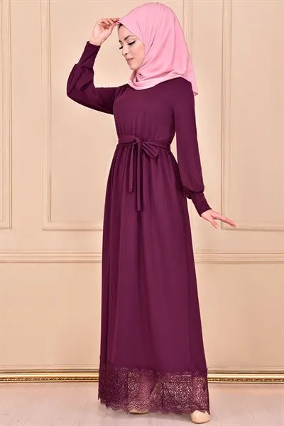Etegi Lace with Belt Sash Dress Plum Mns31 — Export Series 35 — Women's Fashion, Evening Gowns, Modest Wear & Hajj Clothing | COIDET & ATC