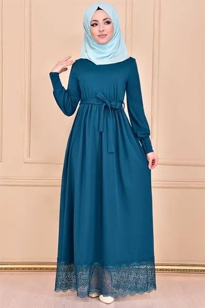 Etegi Lace with Belt Sash Dress Petrol Blue Mns31 — Export Series 81 — Women's Fashion, Evening Gowns, Modest Wear & Hajj Clothing | COIDET & ATC