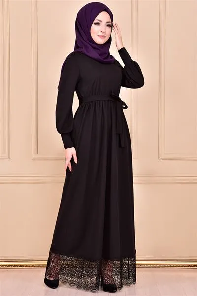 Etegi Lace with Belt Sash Dress Black Mns311 — Export Series 78 — Women's Fashion, Evening Gowns, Modest Wear & Hajj Clothing | COIDET & ATC