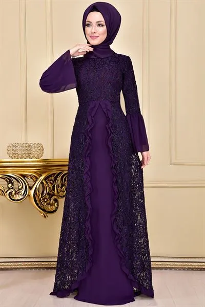 Ruffled Lace Evening Dress Purple Ari3726 — Export Series 90 — Women's Fashion, Evening Gowns, Modest Wear & Hajj Clothing | COIDET & ATC