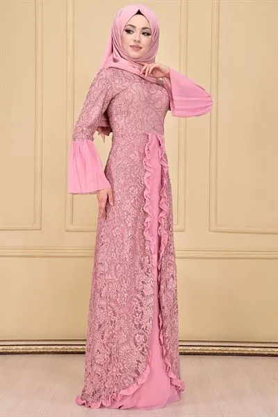 Ruffled Lace Evening Dress Powder Pink Ari37 — Export Series 87 — Women's Fashion, Evening Gowns, Modest Wear & Hajj Clothing | COIDET & ATC