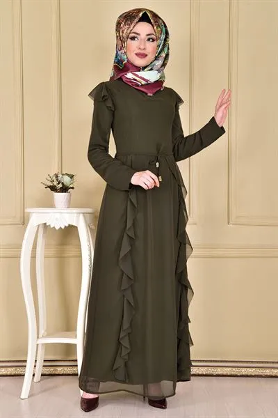 Ruffled Chiffon Dress Khaki Green Eng — Export Series 49 — Women's Fashion, Evening Gowns, Modest Wear & Hajj Clothing | COIDET & ATC