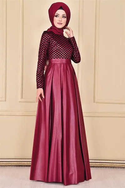 Flock Print Evening Dress Burgundy Asm2146 — Export Series 74 — Women's Fashion, Evening Gowns, Modest Wear & Hajj Clothing | COIDET & ATC