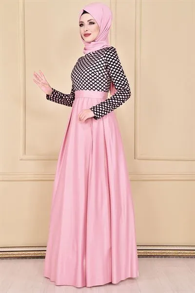 Flock Print Evening Dress Powder Pink Asm2146 — Export Series 29 — Women's Fashion, Evening Gowns, Modest Wear & Hajj Clothing | COIDET & ATC
