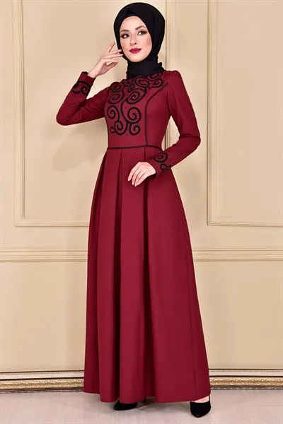 Flock Print Pleated Evening Dress Burgundy A — Export Series 76 — Women's Fashion, Evening Gowns, Modest Wear & Hajj Clothing | COIDET & ATC