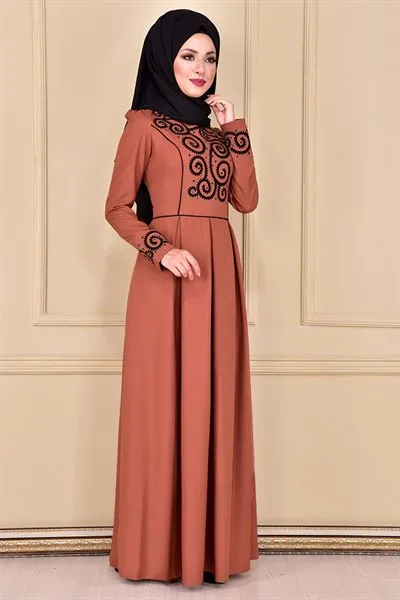 Flock Print Pleated Evening Dress Tan Camel As — Export Series 2 — Women's Fashion, Evening Gowns, Modest Wear & Hajj Clothing | COIDET & ATC