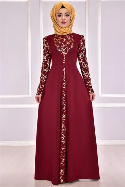 Gold Applique Detail Dress Burgundy — Export Series 57 — Women's Fashion, Evening Gowns, Modest Wear & Hajj Clothing | COIDET & ATC