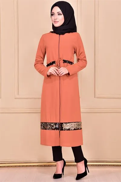 Hooded Sequin Detail Modest Long Coat Tan Camel Ayd6067 — Export Series 13 — Women's Fashion, Evening Gowns, Modest Wear & Hajj Clothing | COIDET & ATC
