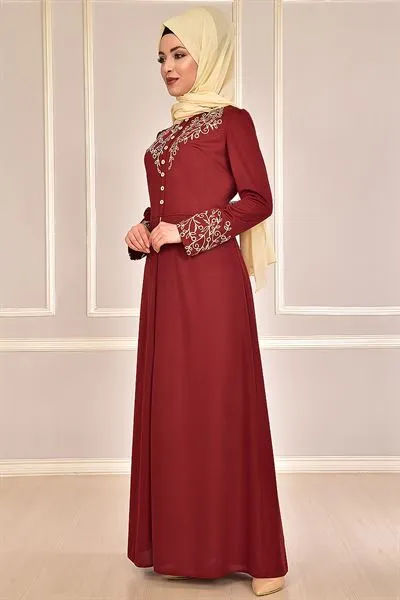 Embroidered Buttoned Dress Burgundy — Export Series 72 — Women's Fashion, Evening Gowns, Modest Wear & Hajj Clothing | COIDET & ATC