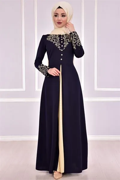 Embroidered Buttoned Dress Navy Blue — Export Series 68 — Women's Fashion, Evening Gowns, Modest Wear & Hajj Clothing | COIDET & ATC