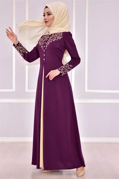 Embroidered Buttoned Dress Plum — Export Series 44 — Women's Fashion, Evening Gowns, Modest Wear & Hajj Clothing | COIDET & ATC