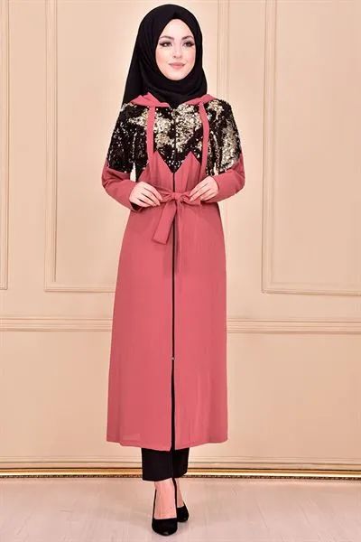Sequin Front Modest Long Coat Dusty Rose Ayd6046 — Export Series 9 — Women's Fashion, Evening Gowns, Modest Wear & Hajj Clothing | COIDET & ATC