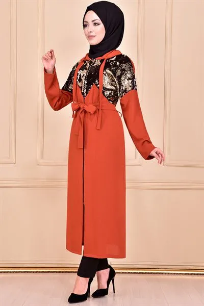 Sequin Front Modest Long Coat Terracotta Rust Ayd6046 — Export Series 5 — Women's Fashion, Evening Gowns, Modest Wear & Hajj Clothing | COIDET & ATC