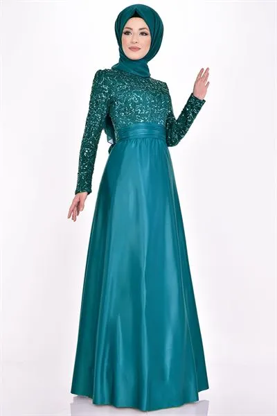 Sequin Embellished Evening Dress Petrol Blue Asm2124 — Export Series 50 — Women's Fashion, Evening Gowns, Modest Wear & Hajj Clothing | COIDET & ATC