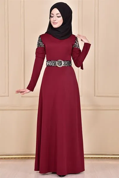 Sequin Embellished Belted Dress Burgundy Mns3117 — Export Series 61 — Women's Fashion, Evening Gowns, Modest Wear & Hajj Clothing | COIDET & ATC