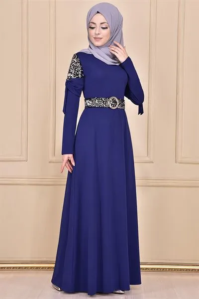 Sequin Embellished Belted Dress Navy Blue Mns311 — Export Series 55 — Women's Fashion, Evening Gowns, Modest Wear & Hajj Clothing | COIDET & ATC