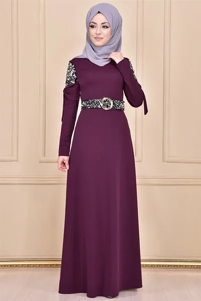 Sequin Embellished Belted Dress Plum Mns3117 — Export Series 20 — Women's Fashion, Evening Gowns, Modest Wear & Hajj Clothing | COIDET & ATC