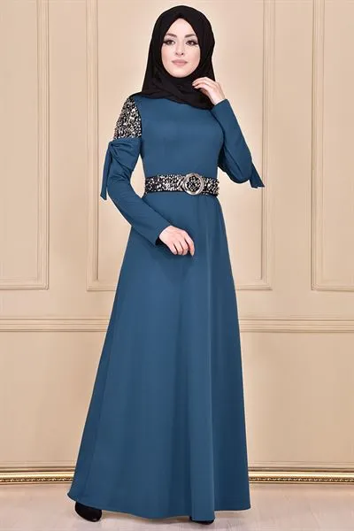 Sequin Embellished Belted Dress Petrol Blue Mns3117 — Export Series 31 — Women's Fashion, Evening Gowns, Modest Wear & Hajj Clothing | COIDET & ATC