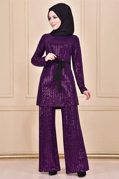 Sequin Embellished with Belt Sash Ensemble Set Purple Ari37218 — Export Series 5 — Women's Fashion, Evening Gowns, Modest Wear & Hajj Clothing | COIDET & ATC