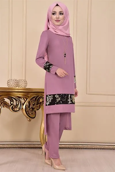 Sequin Embellished Striped Trim Ensemble Set Powder Pink Asm2192 — Export Series 1 — Women's Fashion, Evening Gowns, Modest Wear & Hajj Clothing | COIDET & ATC