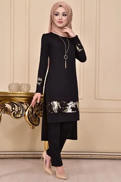 Sequin Embellished Striped Trim Ensemble Set Black Asm2192 — Export Series 6 — Women's Fashion, Evening Gowns, Modest Wear & Hajj Clothing | COIDET & ATC