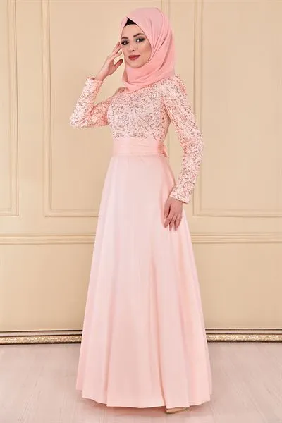 Ustu Sequin Embellished Evening Dress Powder Pink Asm212 — Export Series 3 — Women's Fashion, Evening Gowns, Modest Wear & Hajj Clothing | COIDET & ATC
