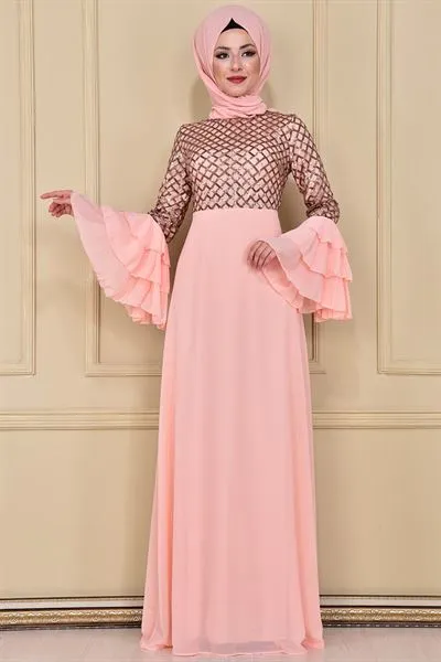 Flounce Sleeve Sequin Chiffon Evening Dress Powder Pink — Export Series 47 — Women's Fashion, Evening Gowns, Modest Wear & Hajj Clothing | COIDET & ATC