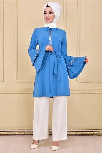 Flounce Sleeve Tunic Indigo Blue Tag712211 — Export Series 2 — Women's Fashion, Evening Gowns, Modest Wear & Hajj Clothing | COIDET & ATC