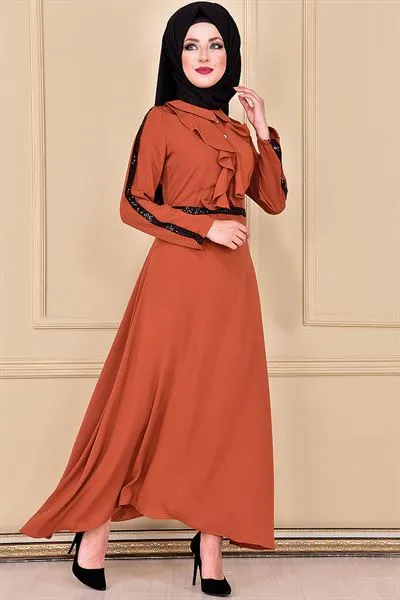 Yakasi Ruffled Dress Terracotta Rust Eng5028 — Export Series 33 — Women's Fashion, Evening Gowns, Modest Wear & Hajj Clothing | COIDET & ATC